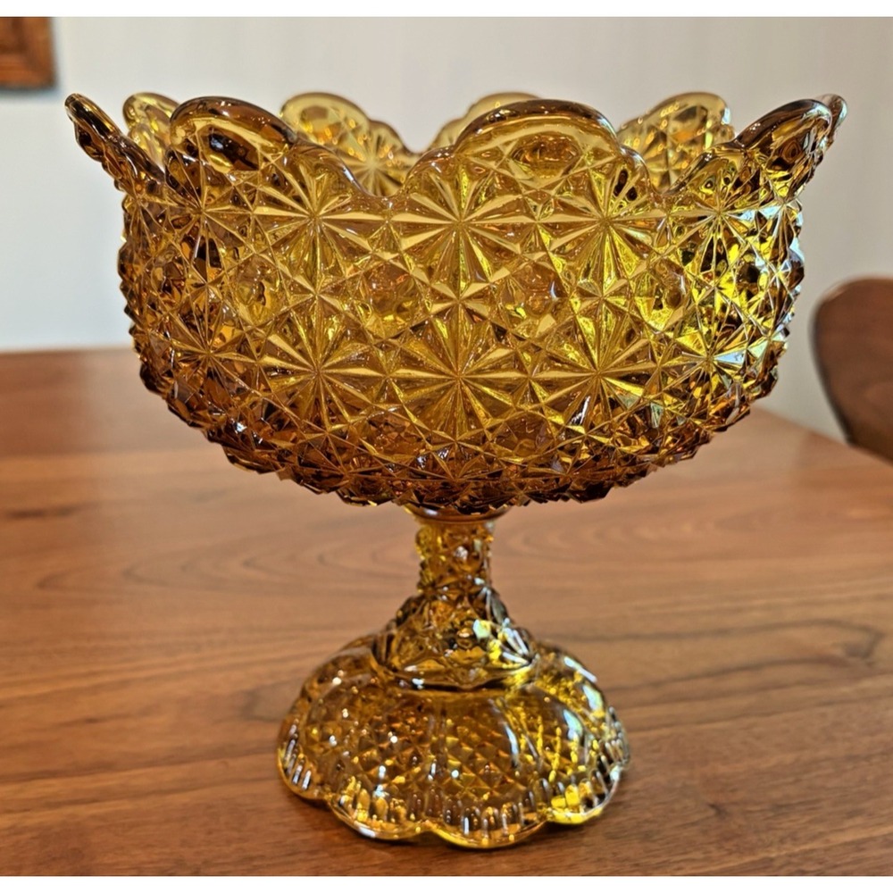 Vintage Fenton Amber Glass Starburst Candy Dish Pedestal Compote Bowl
